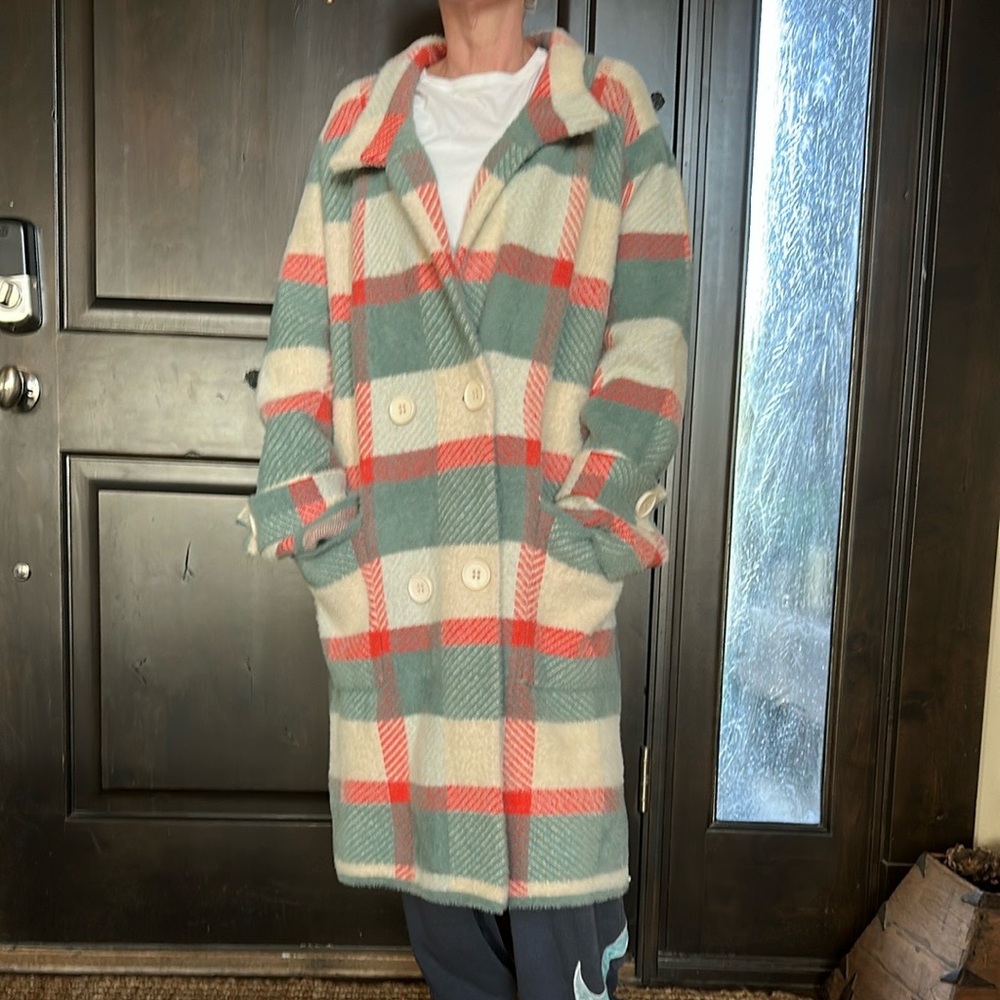 Anthropologie Davi and Dani Cozy Plaid Coat in Orange, Green, and Cream